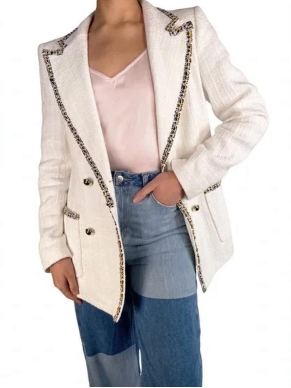 Zara White Tweed Double-Breasted Blazer with Multicolor Trim - Picture 13 of 13